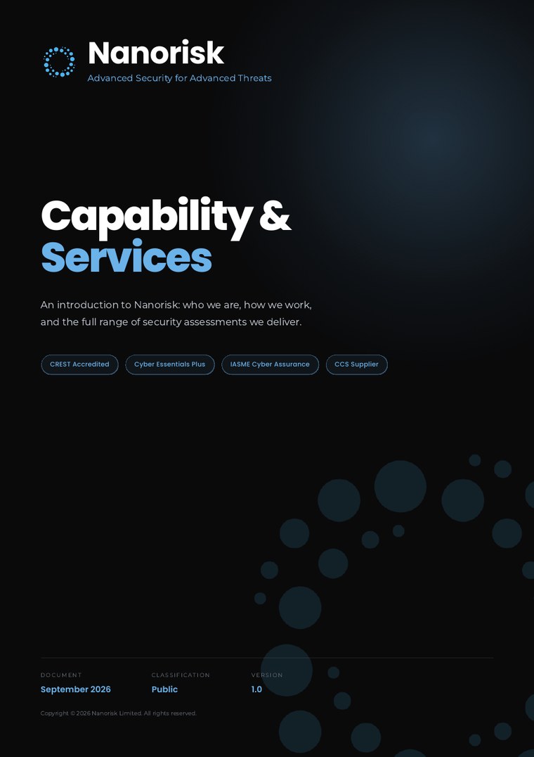 Front cover of the Nanorisk Capability and Services brochure